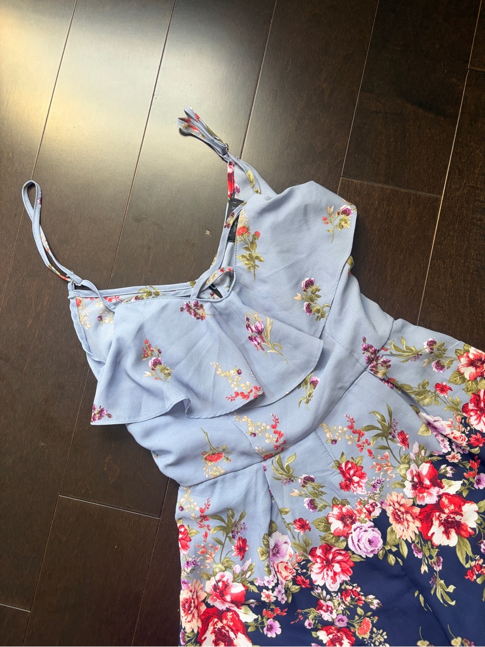 Trixxi Light Blue Floral Romper with Pink & Red Accents
